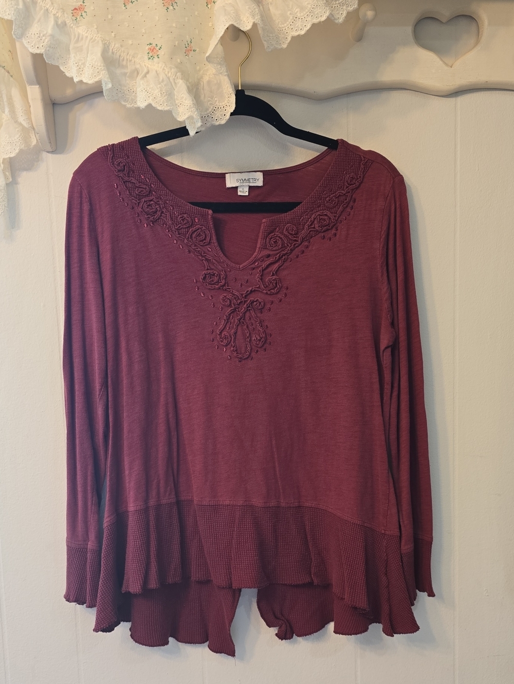 100% Cotton Symmetry Burgundy Embroidered Ruffle-Hem Long Sleeve Top
